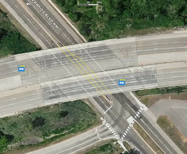 Intersection of MN610 and Coon Rapids Blvd., with lines